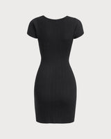 Black Round Neck Ribbed Mini Dress - Threadford