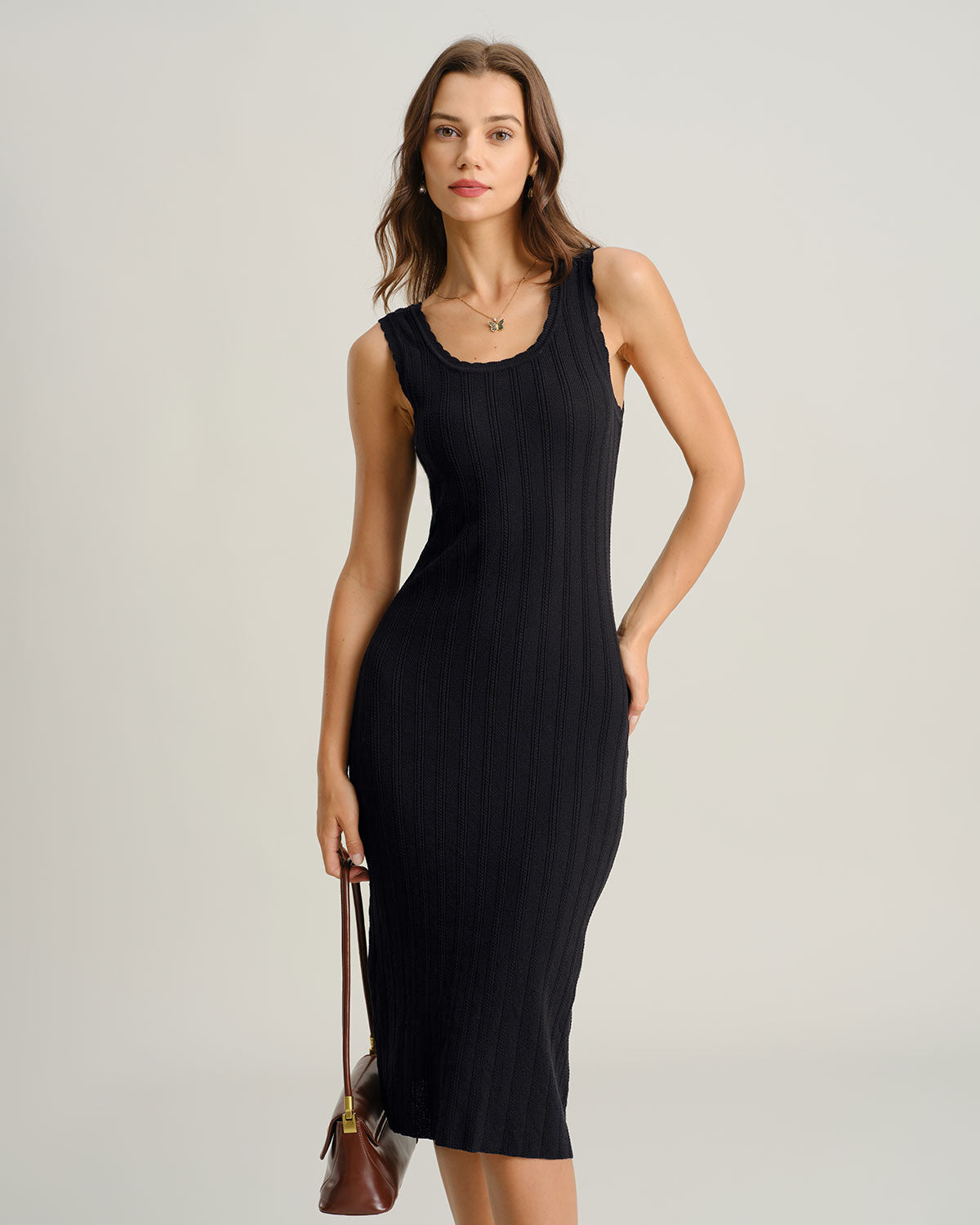 Black U Neck Bodycon Sleeveless Sweater Dress - Threadford