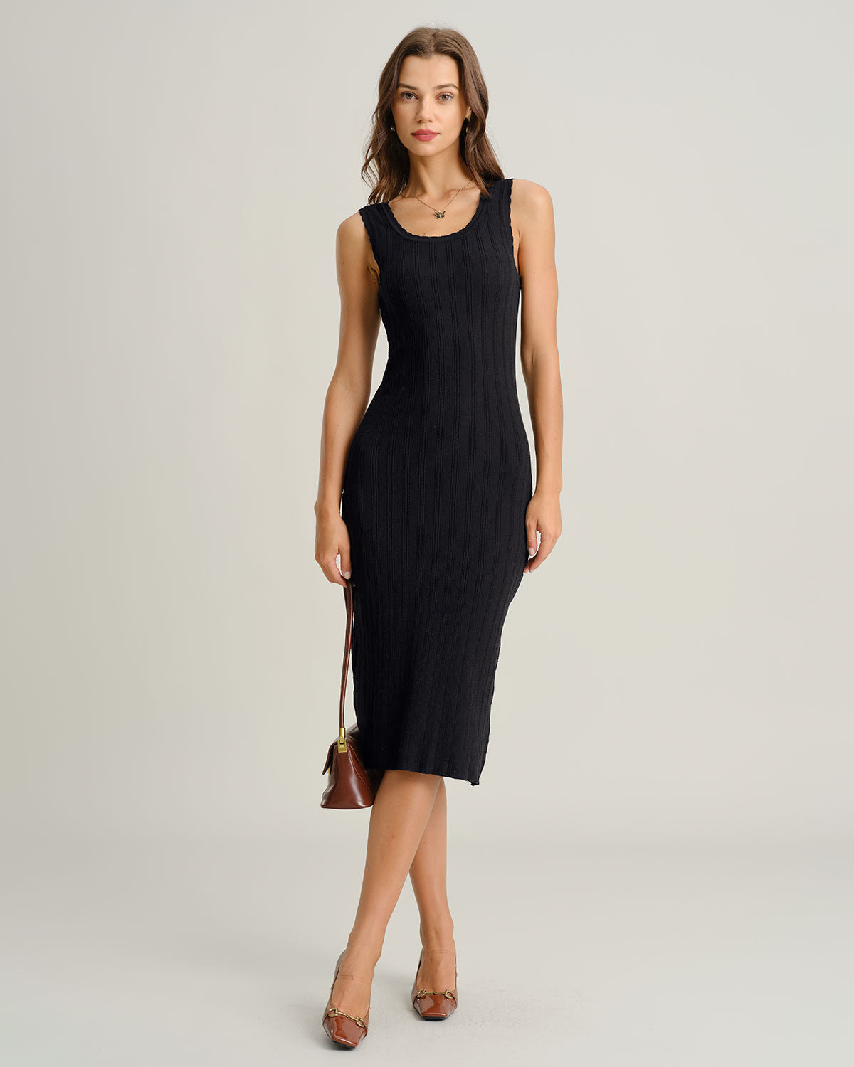 Black U Neck Bodycon Sleeveless Sweater Dress - Threadford
