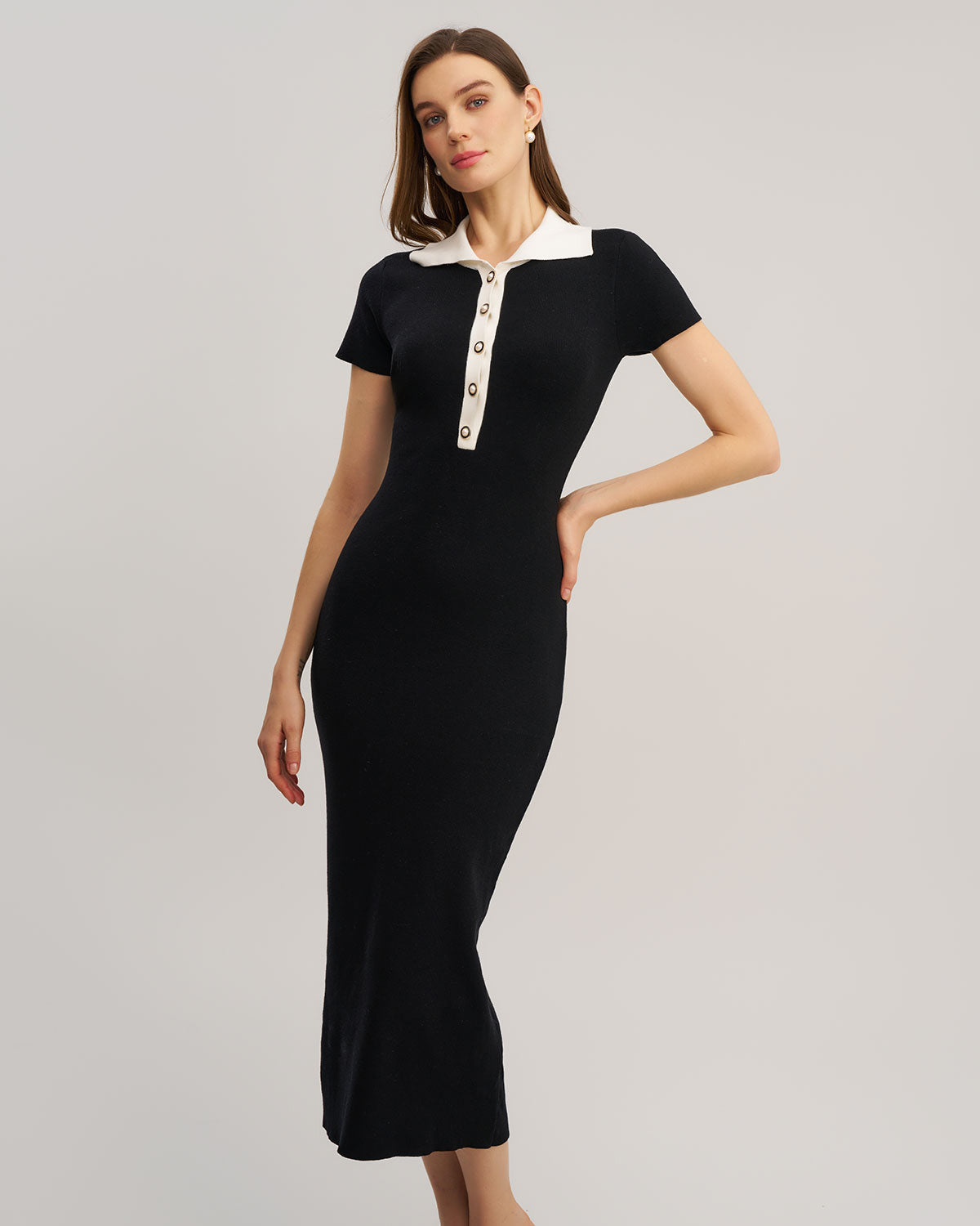 Black Contrast Bodycon Sweater Maxi Dress - Threadford