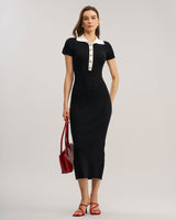 Black Contrast Bodycon Sweater Maxi Dress - Threadford