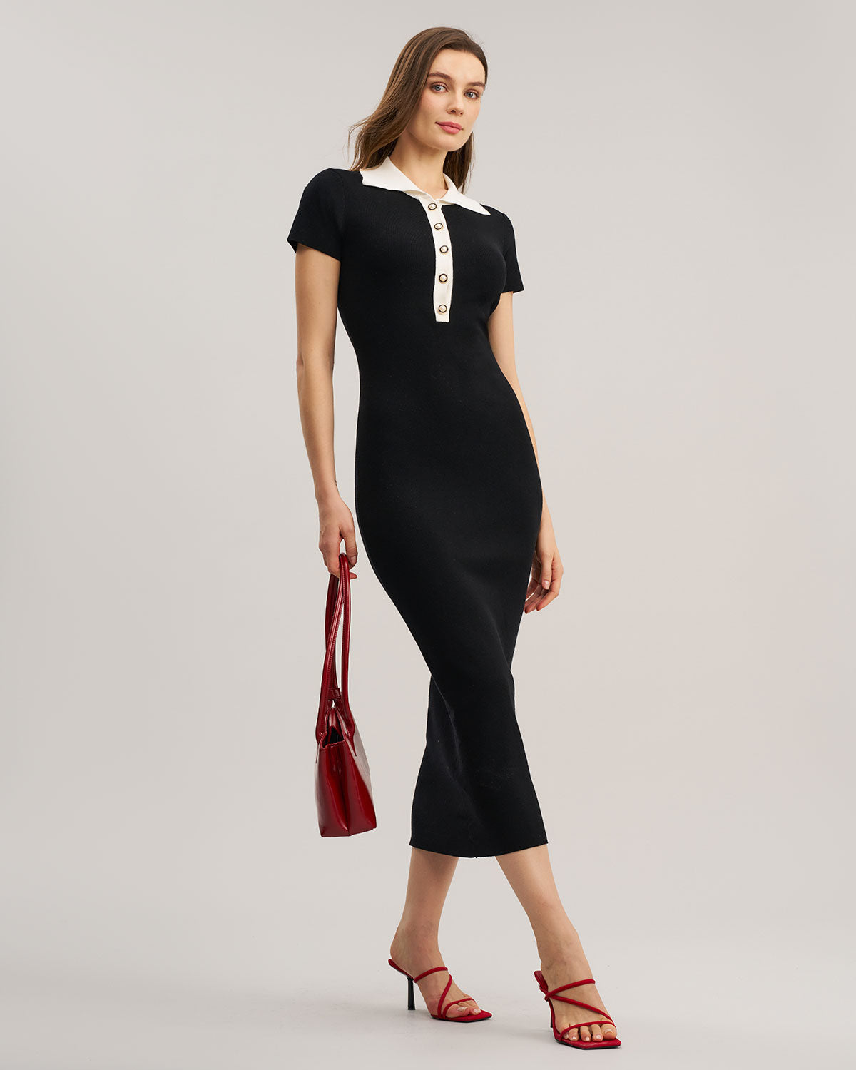 Black Contrast Bodycon Sweater Maxi Dress - Threadford