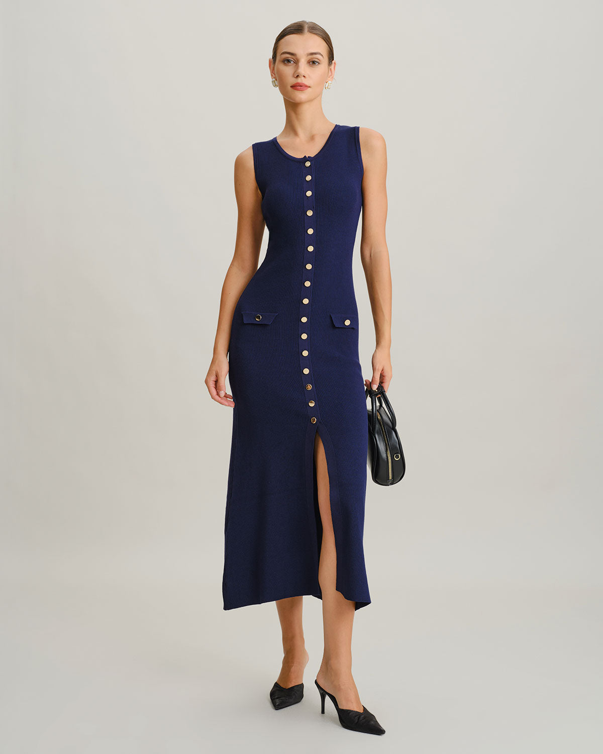 Blue U Neck Sleeveless Sweater Dress - Threadford