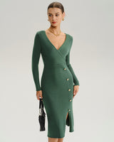 Green Slit Wrap Sweater Dress - Threadford