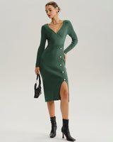 Green Slit Wrap Sweater Dress - Threadford