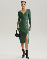 Green Slit Wrap Sweater Dress - Threadford