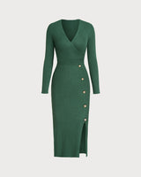 Green Slit Wrap Sweater Dress - Threadford