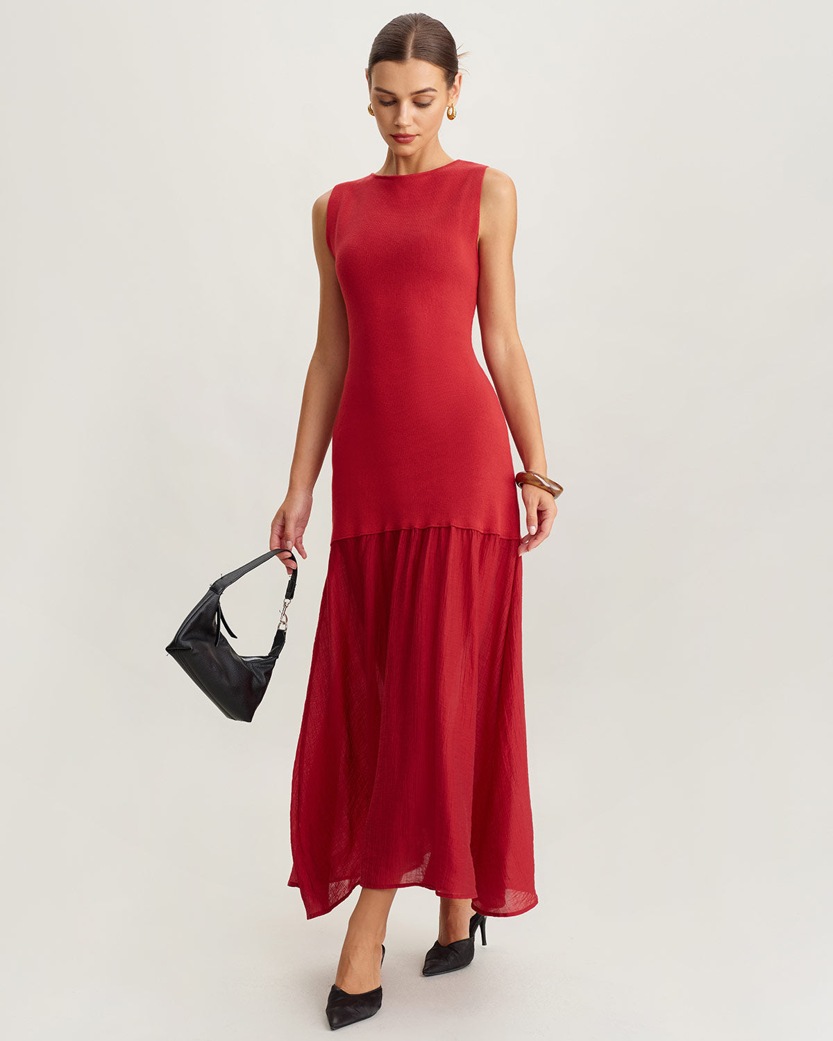 Red Ribbed Knit Sleeveless Maxi Dress - Threadford