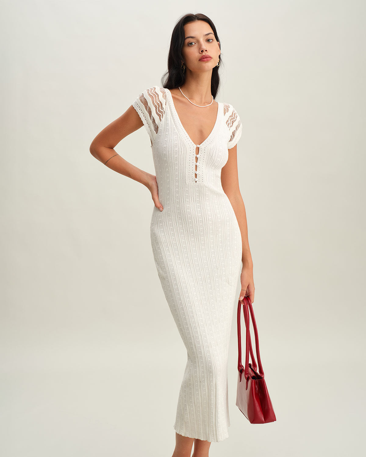 White Crochet Bodycon Sweater Dress - Threadford