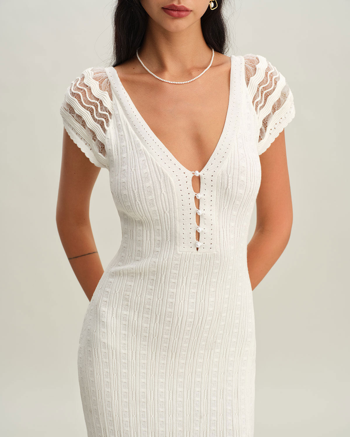 White Crochet Bodycon Sweater Dress - Threadford