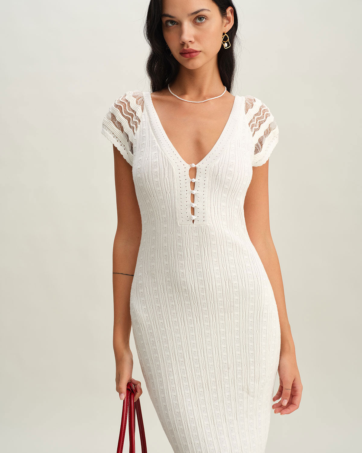 White Crochet Bodycon Sweater Dress - Threadford