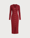 Wine Red V Neck Button Sweater Dress - Threadford