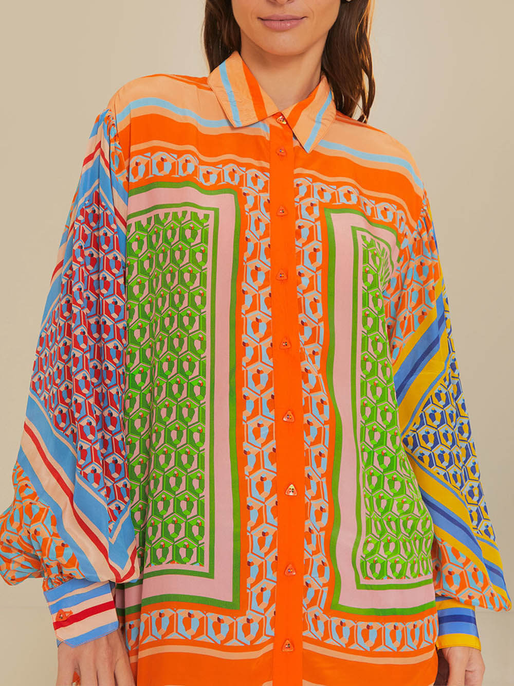 Colorful Unique Print Balloon Sleeve Button Loose Shirt - Threadford