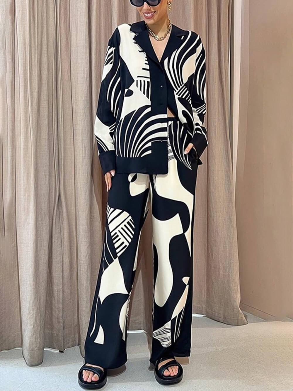 Trendy Graffiti Print Loose Wide Leg Pants Set - Threadford
