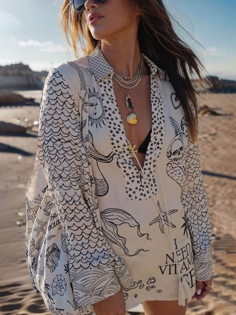 Unique Live By Water Satin Print Tassle Shirt and Elastic Waist Shorts Set - Threadford
