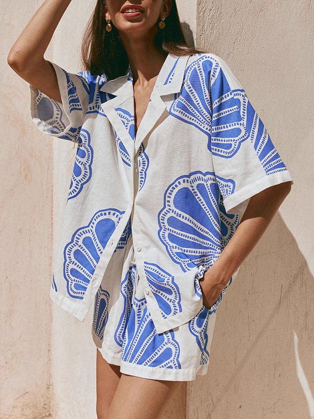 Casual Ocean Shell Print Shorts Two-Piece Set - Threadford