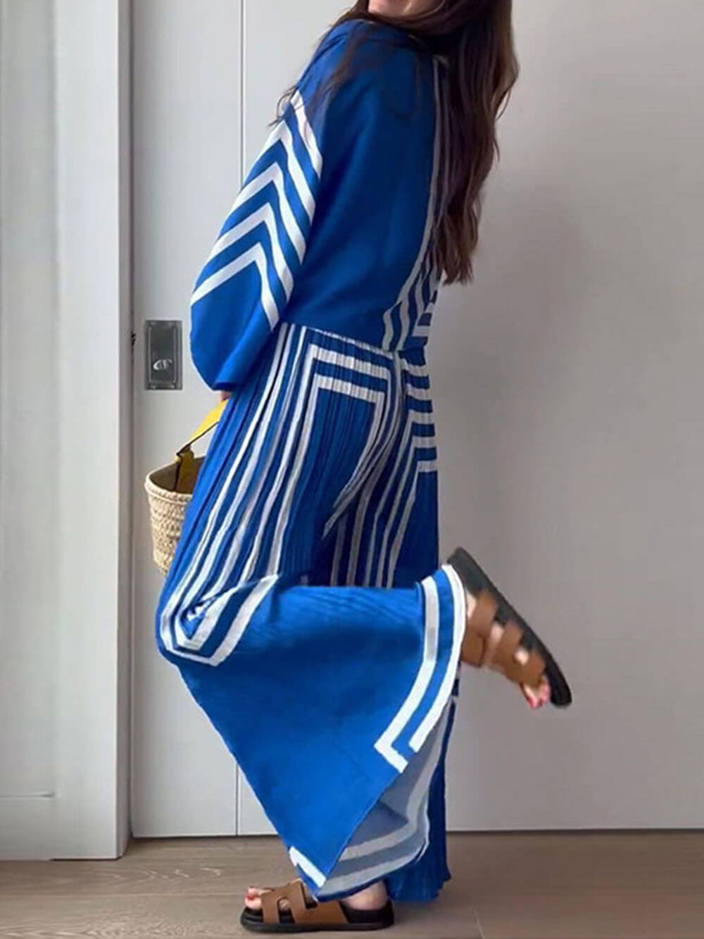 Printed Striped Shirt Pleated Straight Wide-Leg Pants Suit - Threadford