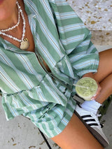 Loose Patchwork Striped Printed Shirt And Shorts Set - Threadford