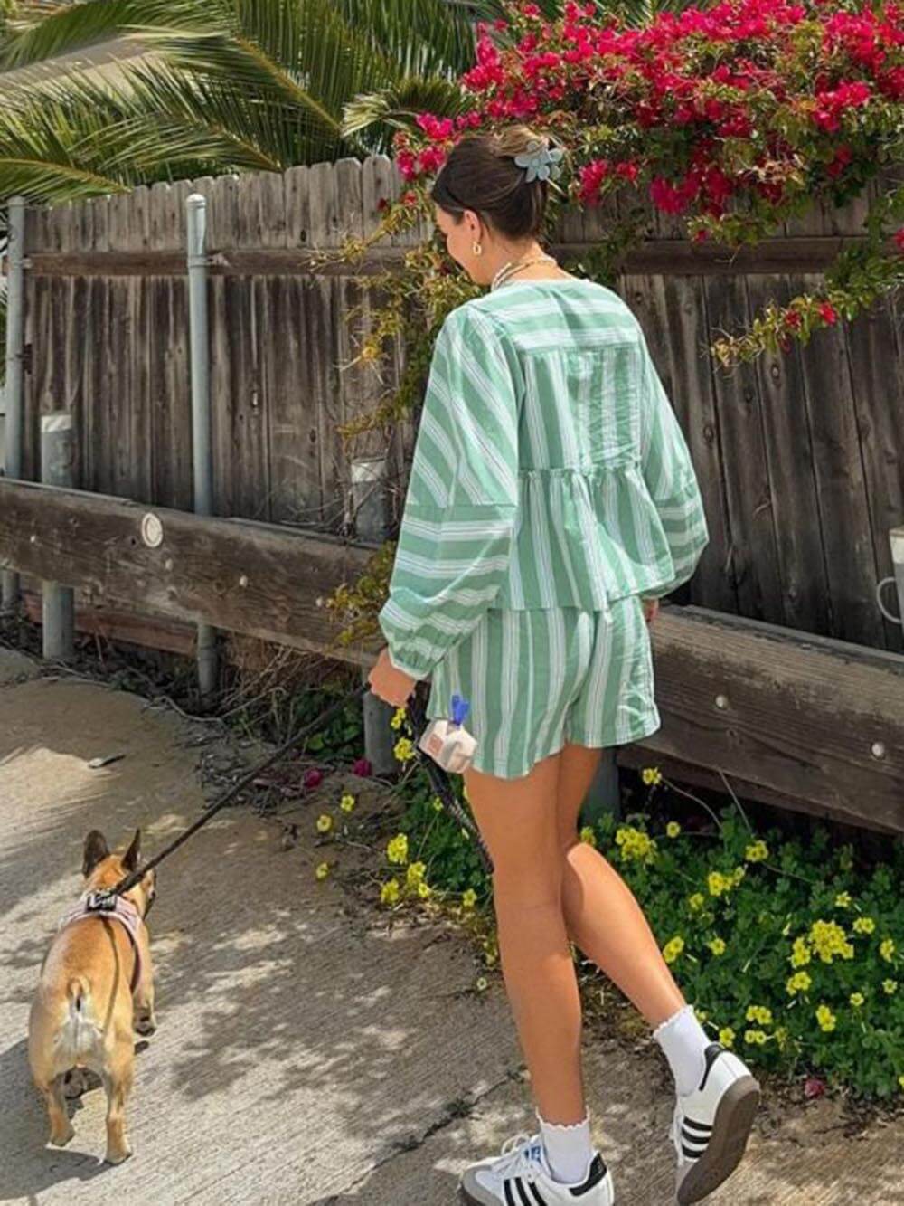 Loose Patchwork Striped Printed Shirt And Shorts Set - Threadford