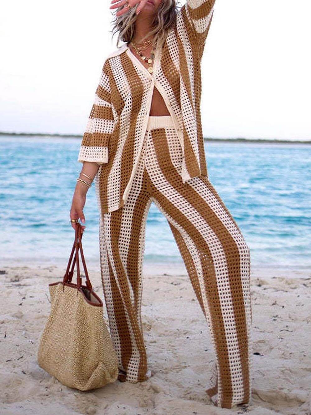 Fashion Loose V-Neck Hollow Out Striped Shirt Wide Leg Pants Set - Threadford