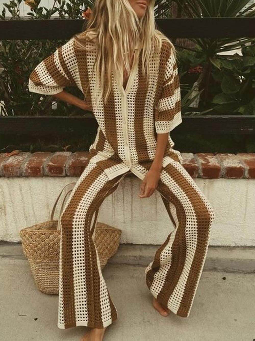 Fashion Loose V-Neck Hollow Out Striped Shirt Wide Leg Pants Set - Threadford