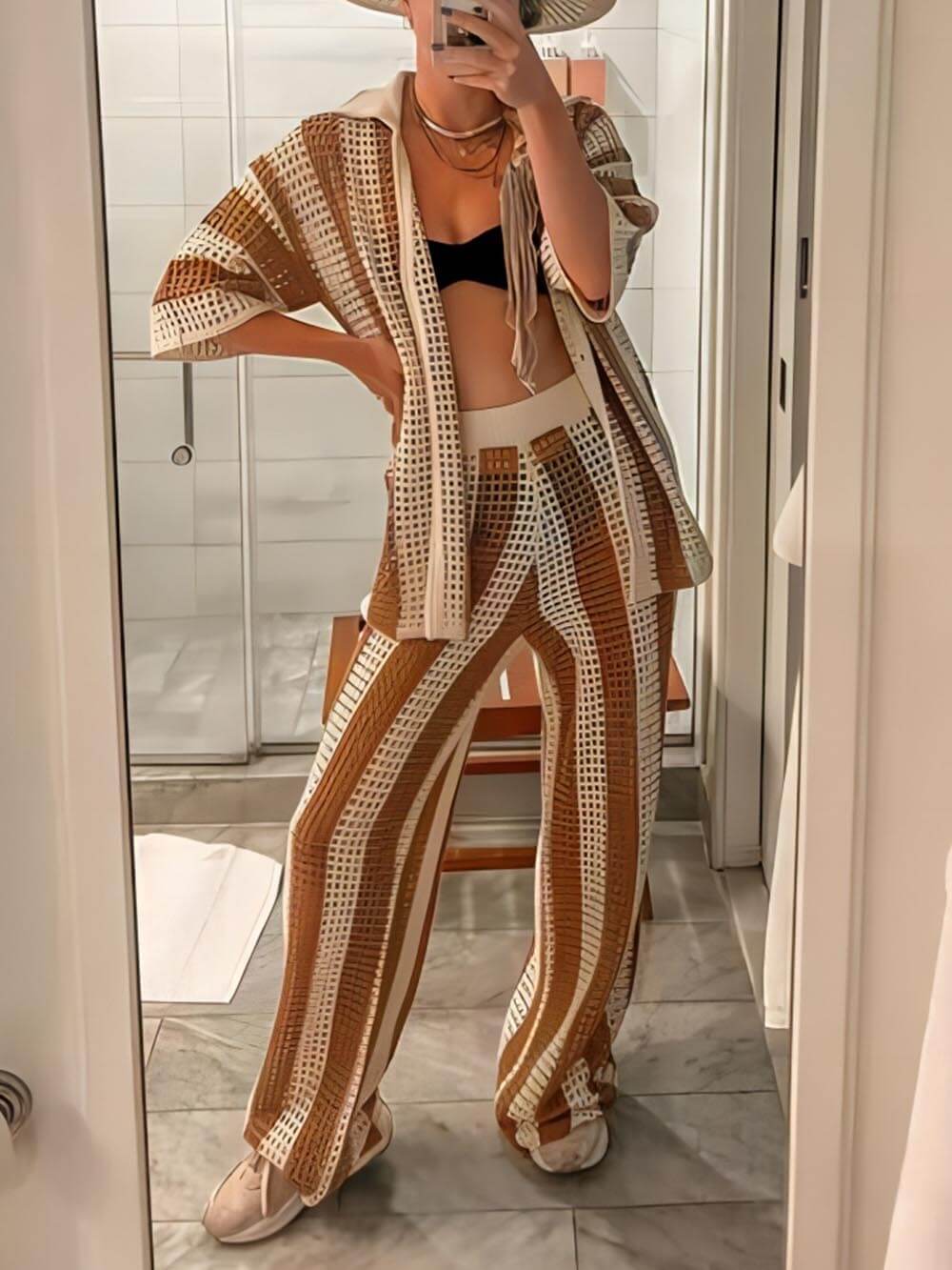 Fashion Loose V-Neck Hollow Out Striped Shirt Wide Leg Pants Set - Threadford