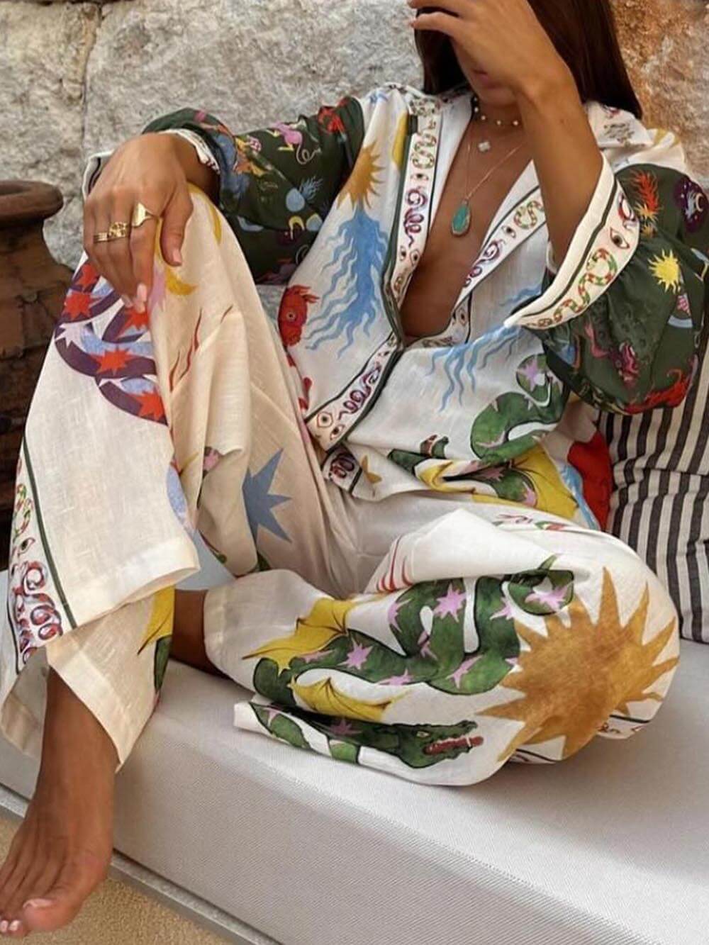 Beauty Unique Print Long Sleeve Shirt And Elastic Waist Pants Set - Threadford