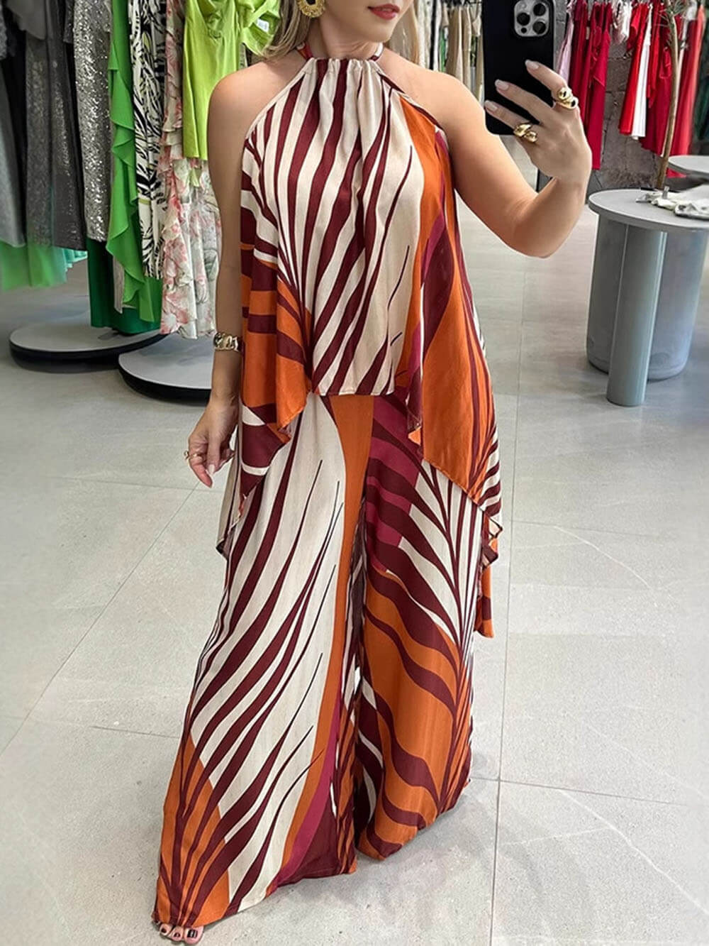 Fashionable Unique Positioning Print Long Sleeveless Top Wide Leg Pants Set - Threadford