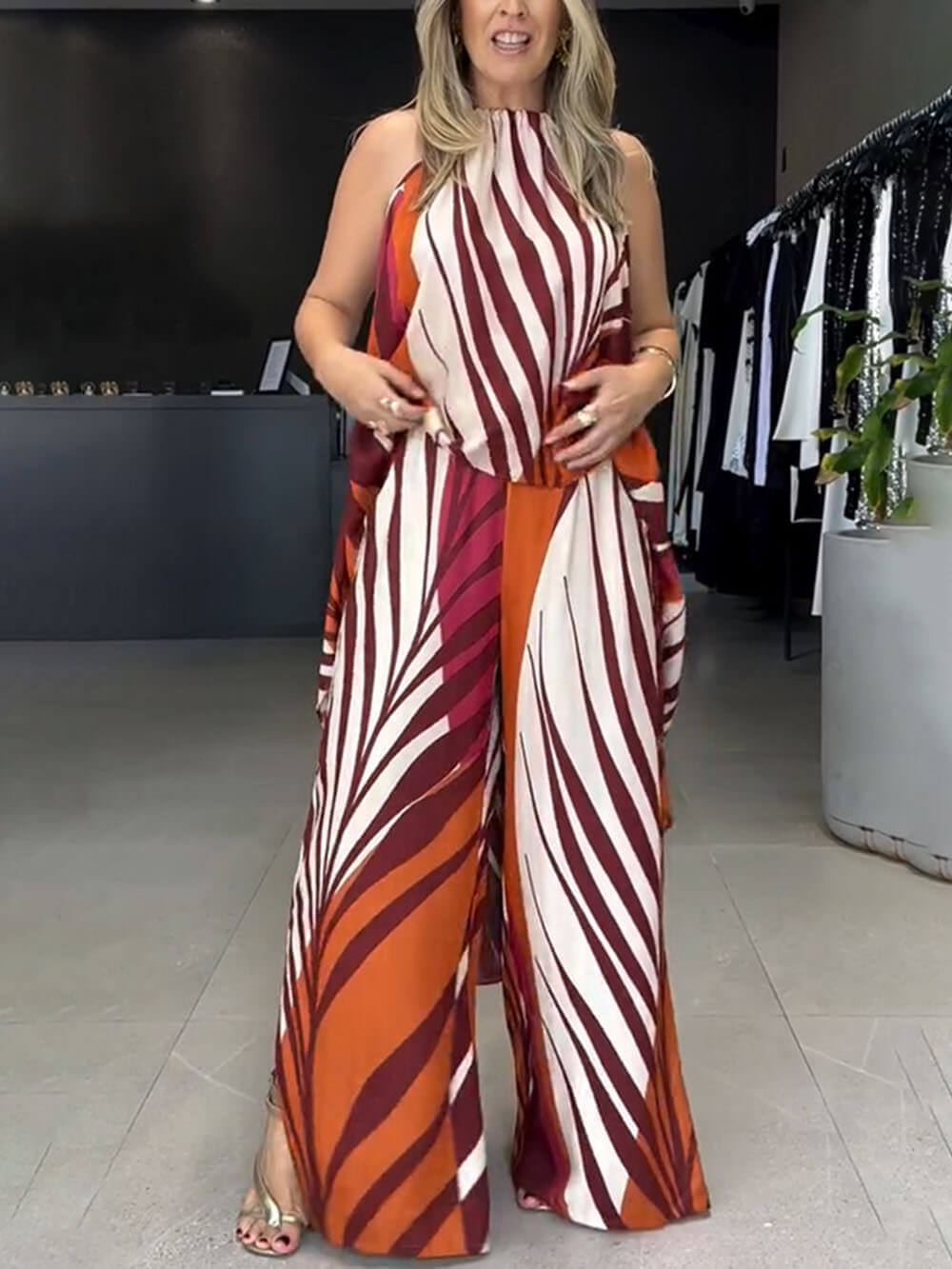 Fashionable Unique Positioning Print Long Sleeveless Top Wide Leg Pants Set - Threadford