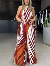 Fashionable Unique Positioning Print Long Sleeveless Top Wide Leg Pants Set - Threadford