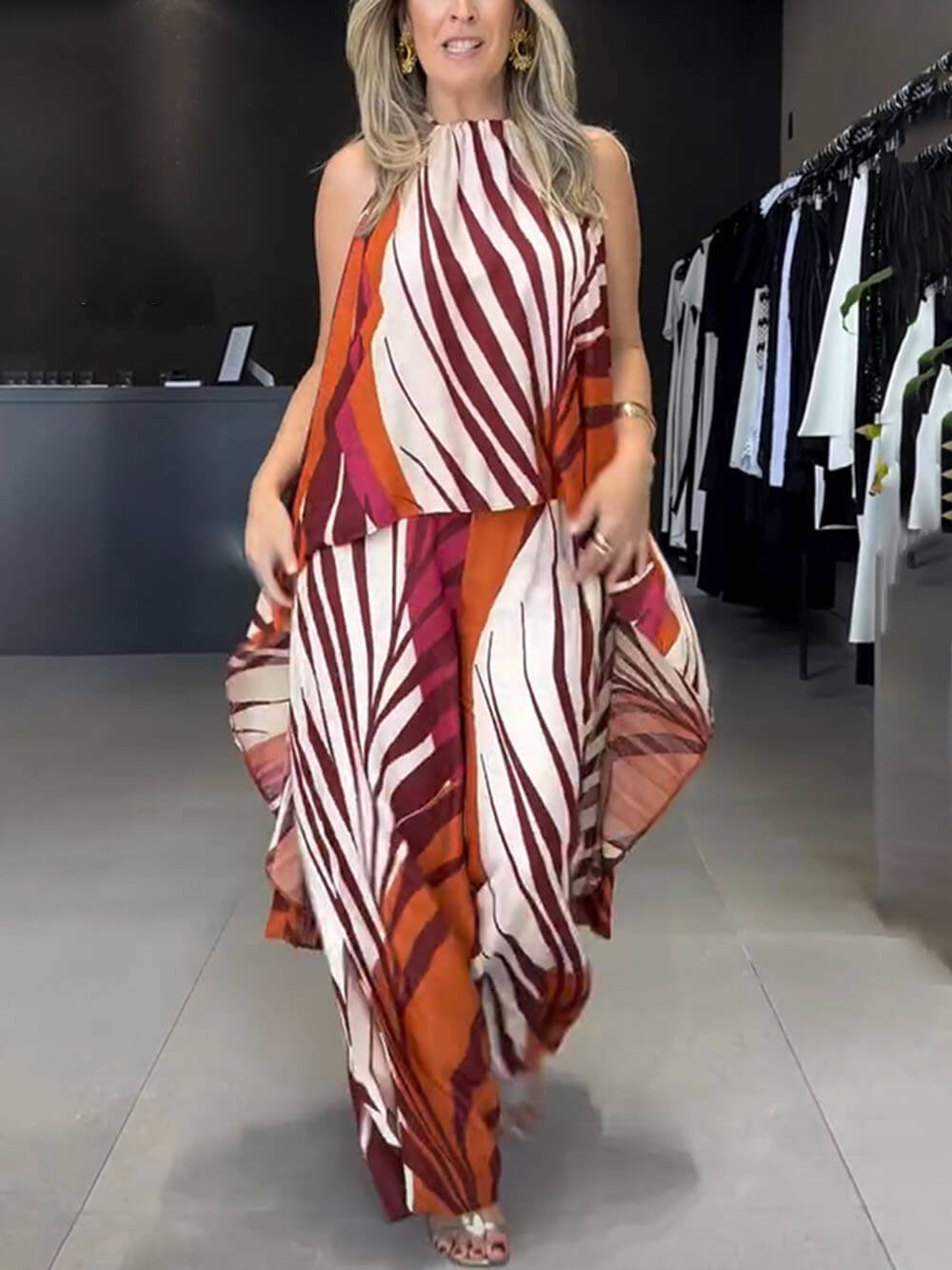 Fashionable Unique Positioning Print Long Sleeveless Top Wide Leg Pants Set - Threadford