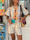 Striped Knotted Puff Sleeve Top and Elastic Waist Pocket Shorts Set - Threadford