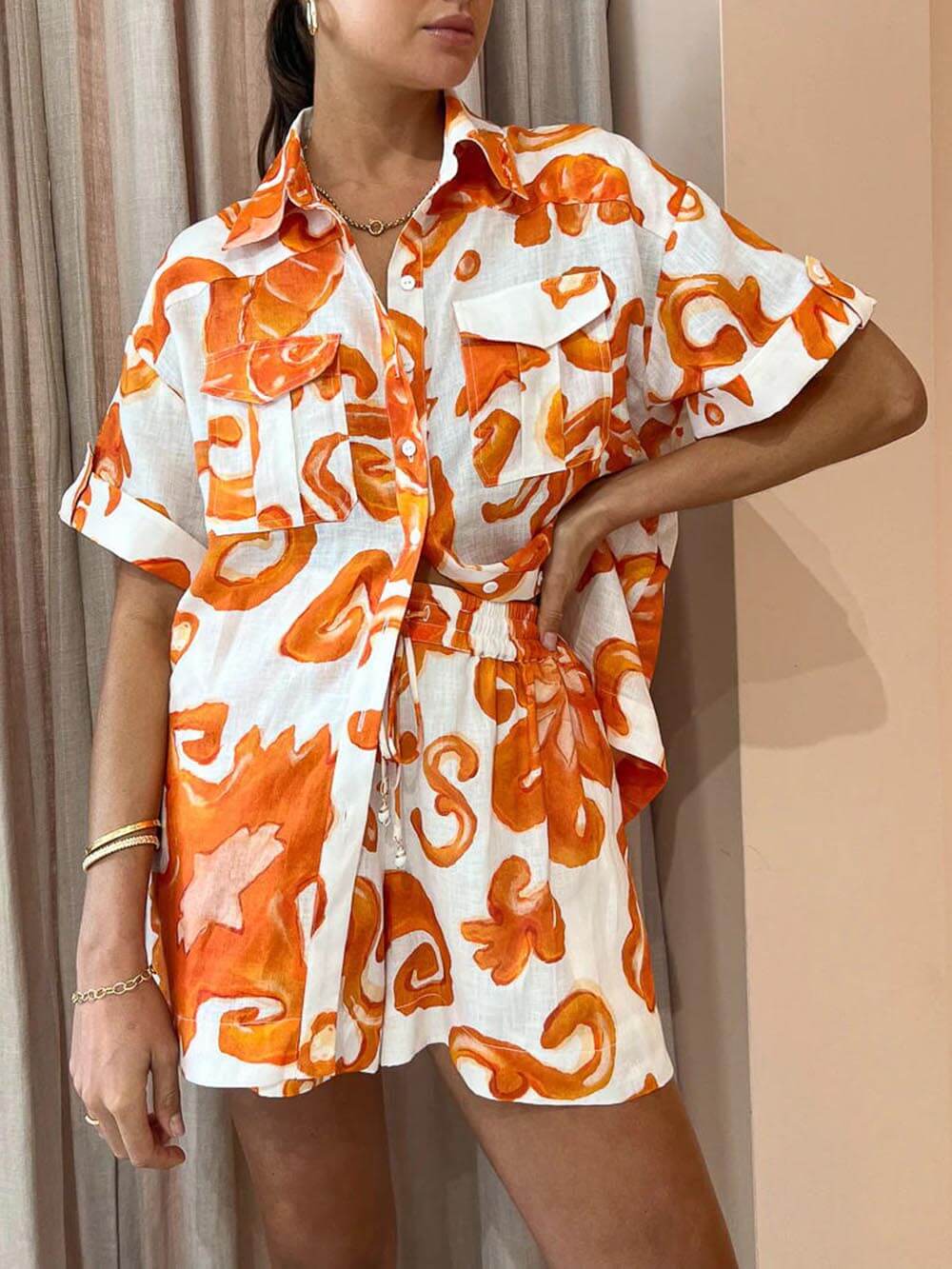 Unique Printed Shorts Lapel Loose Shirt Set - Threadford