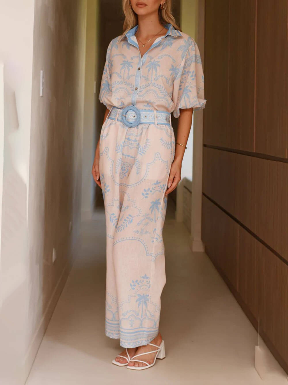 Casual Temperament Printed Linen Short-Sleeved Top With Belt And Straight Pants Set - Threadford