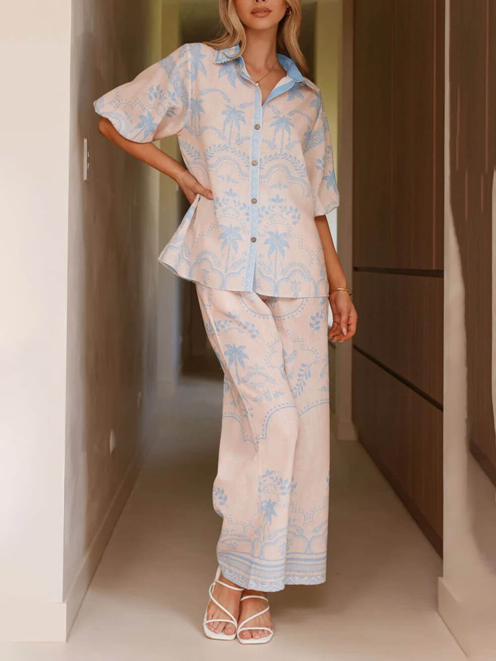 Casual Temperament Printed Linen Short-Sleeved Top With Belt And Straight Pants Set - Threadford
