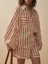 Classic Casual Striped Print Loose Shirt And Shorts Set - Threadford