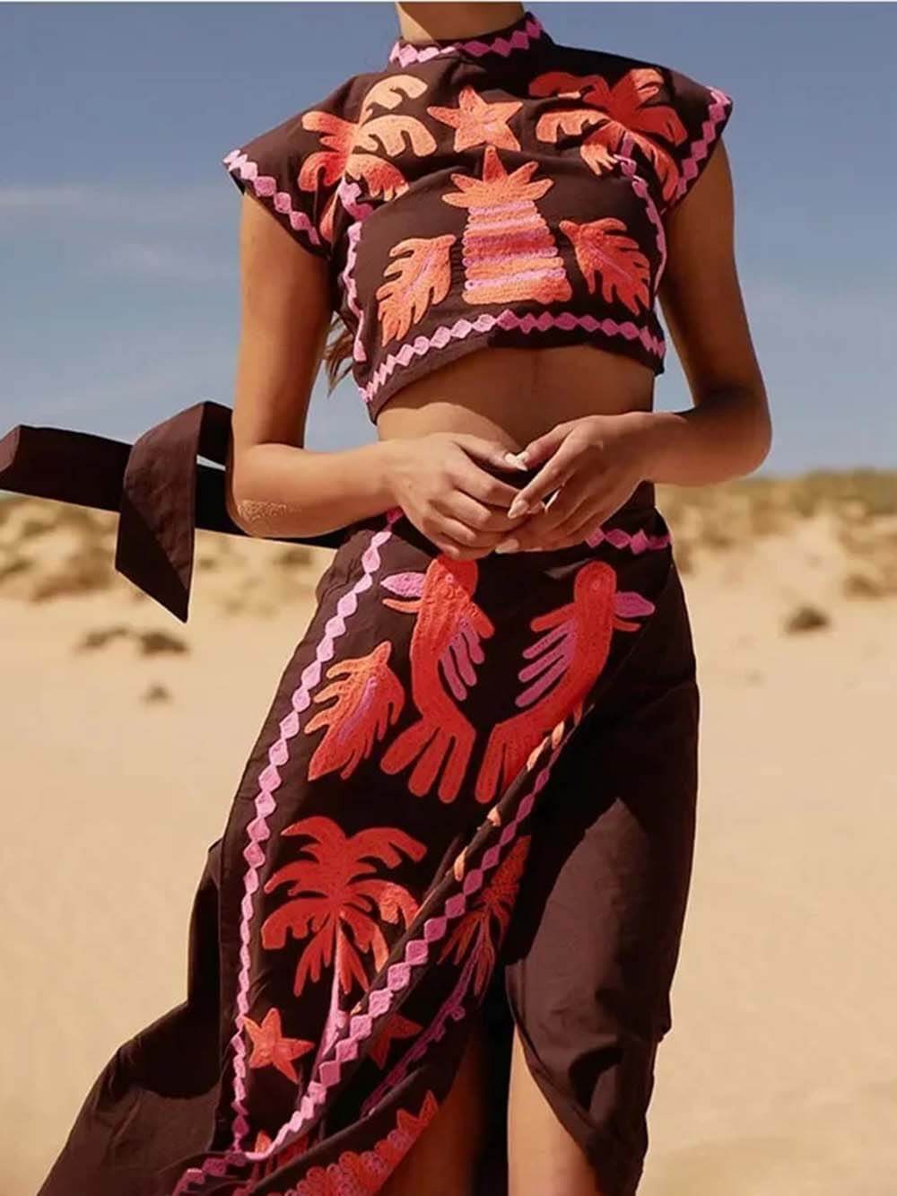 Fashionable Elegant High Waist Printed Short Sleeve Top and Skirt Set - Threadford