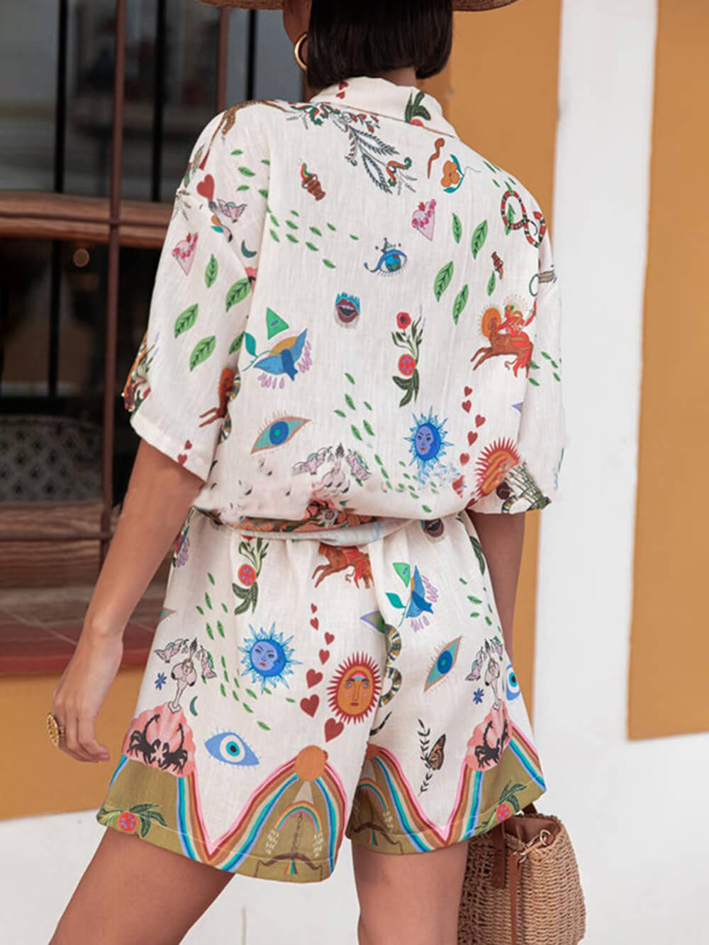 Unique Print Button Loose Shirt Aad Elastic Waist Pocket Shorts Set - Threadford