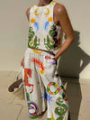Unique Print Tank And Elastic Waist Pocketed Pants Set - Threadford