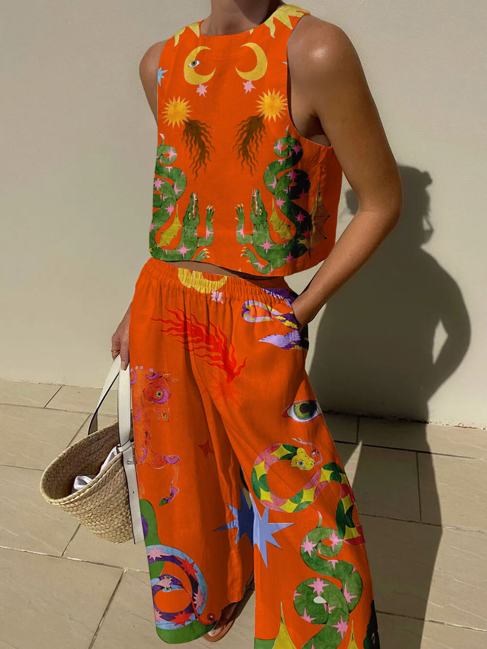 Unique Print Tank And Elastic Waist Pocketed Pants Set - Threadford