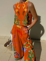 Unique Print Tank And Elastic Waist Pocketed Pants Set - Threadford