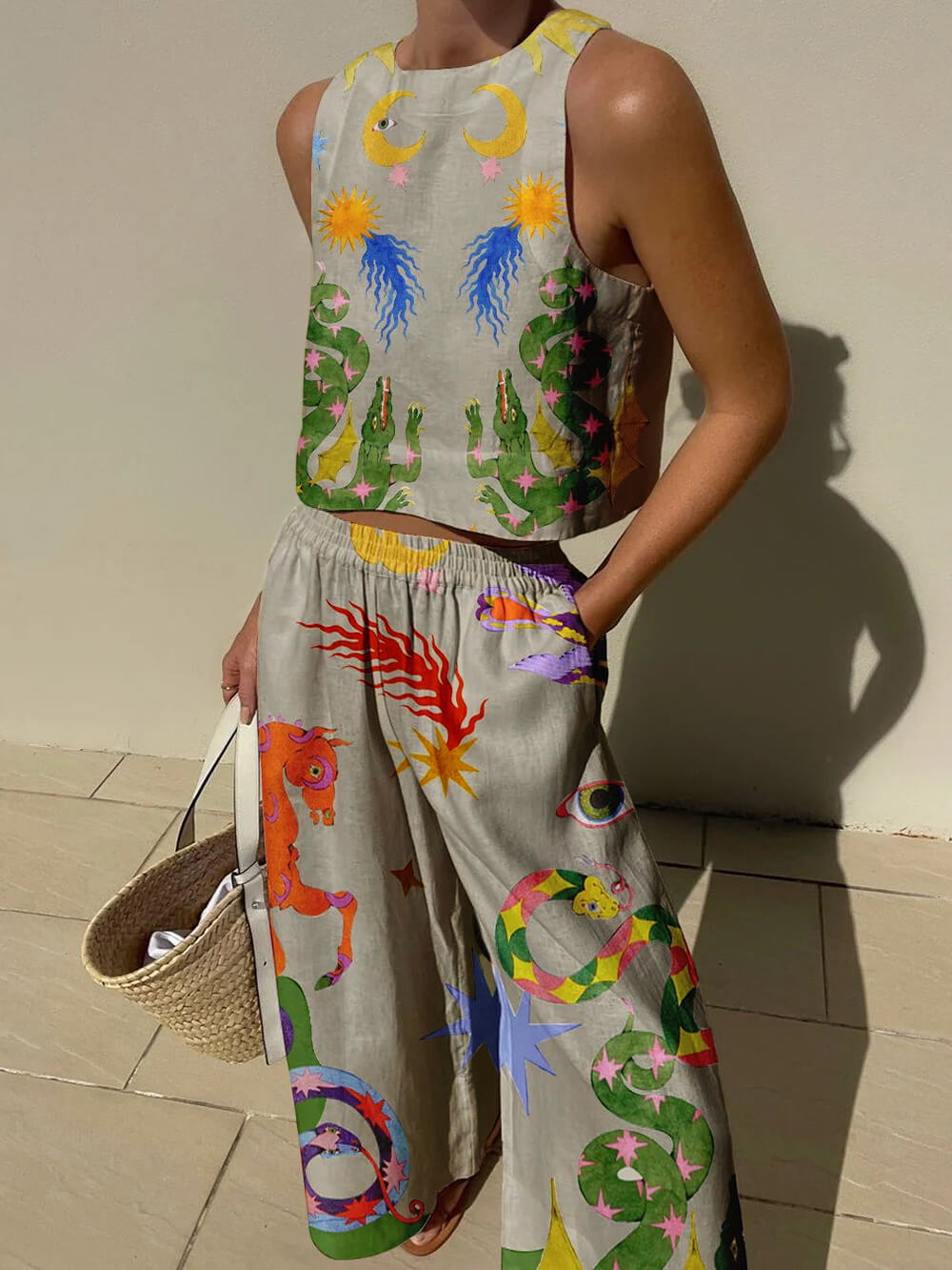 Unique Print Tank And Elastic Waist Pocketed Pants Set - Threadford