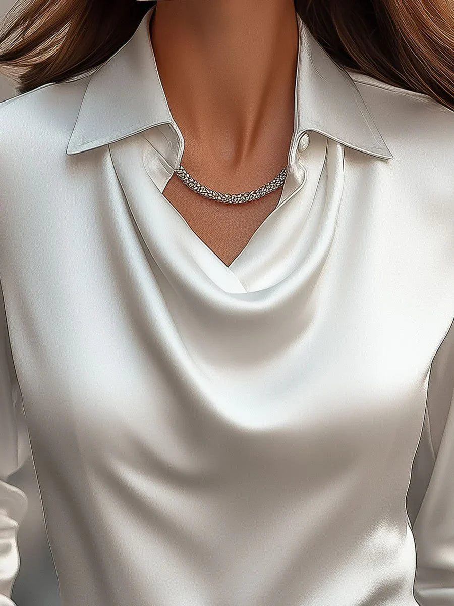 Vanaya | Elegant White Satin Blouse With Draped Neckline - Threadford