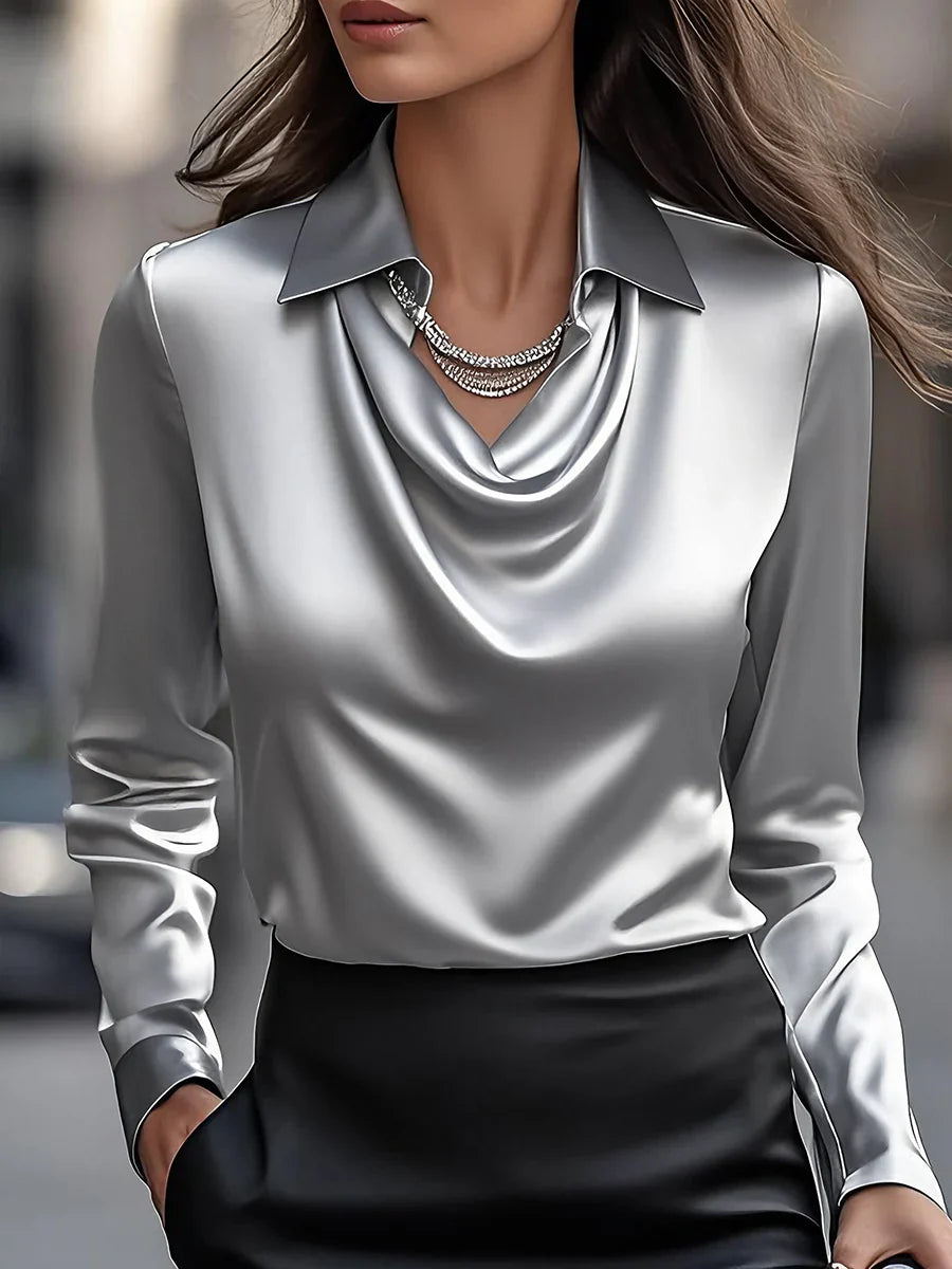 Vanaya | Elegant White Satin Blouse With Draped Neckline - Threadford