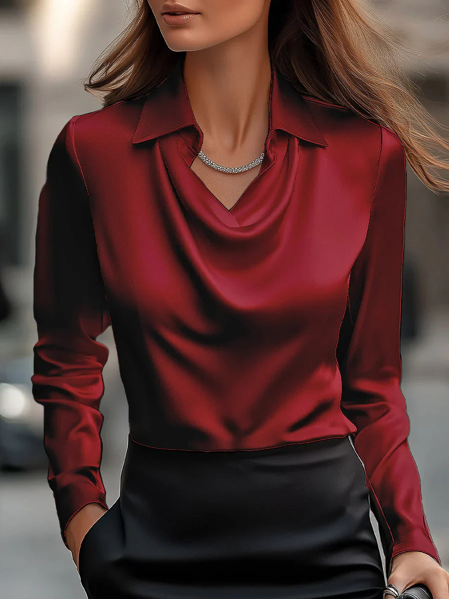 Vanaya | Elegant White Satin Blouse With Draped Neckline - Threadford