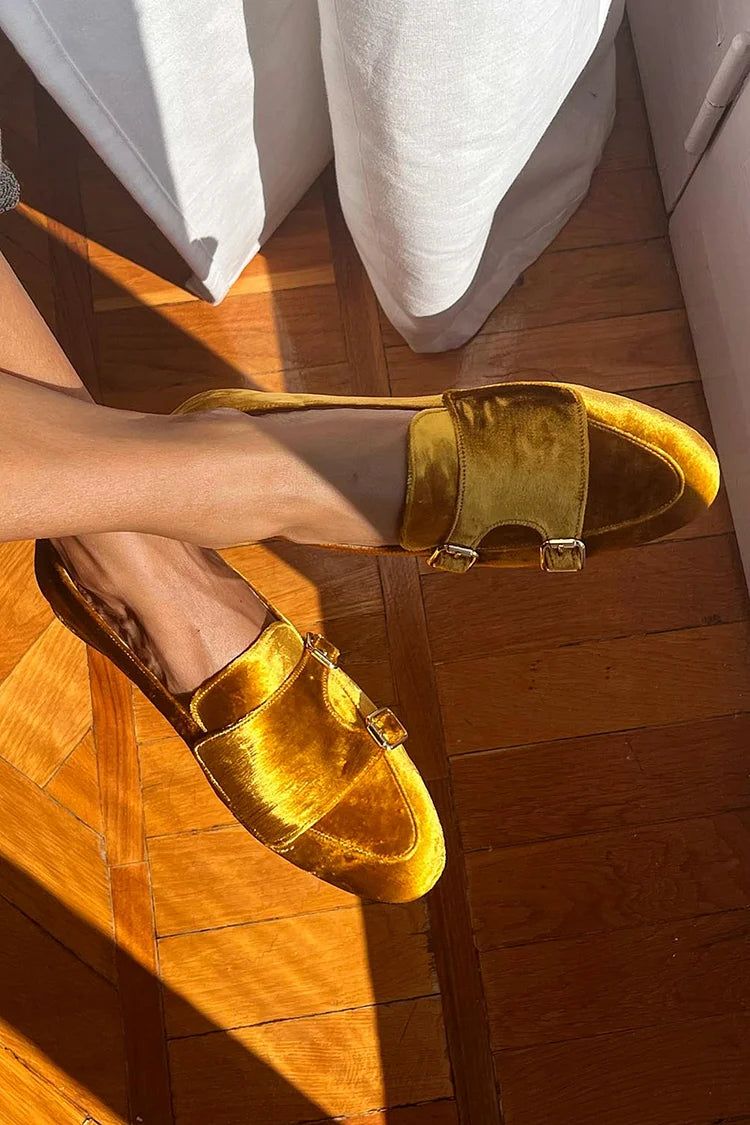 Yellow moccasins with faux suede strap and buckles - Threadford