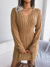Bianca | Long-Sleeved V-Neck Cable-Knit Dress
