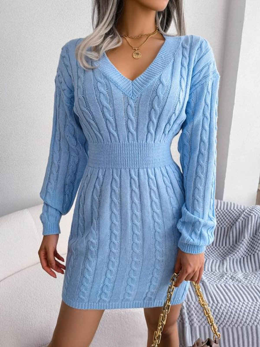 Bianca | Long-Sleeved V-Neck Cable-Knit Dress