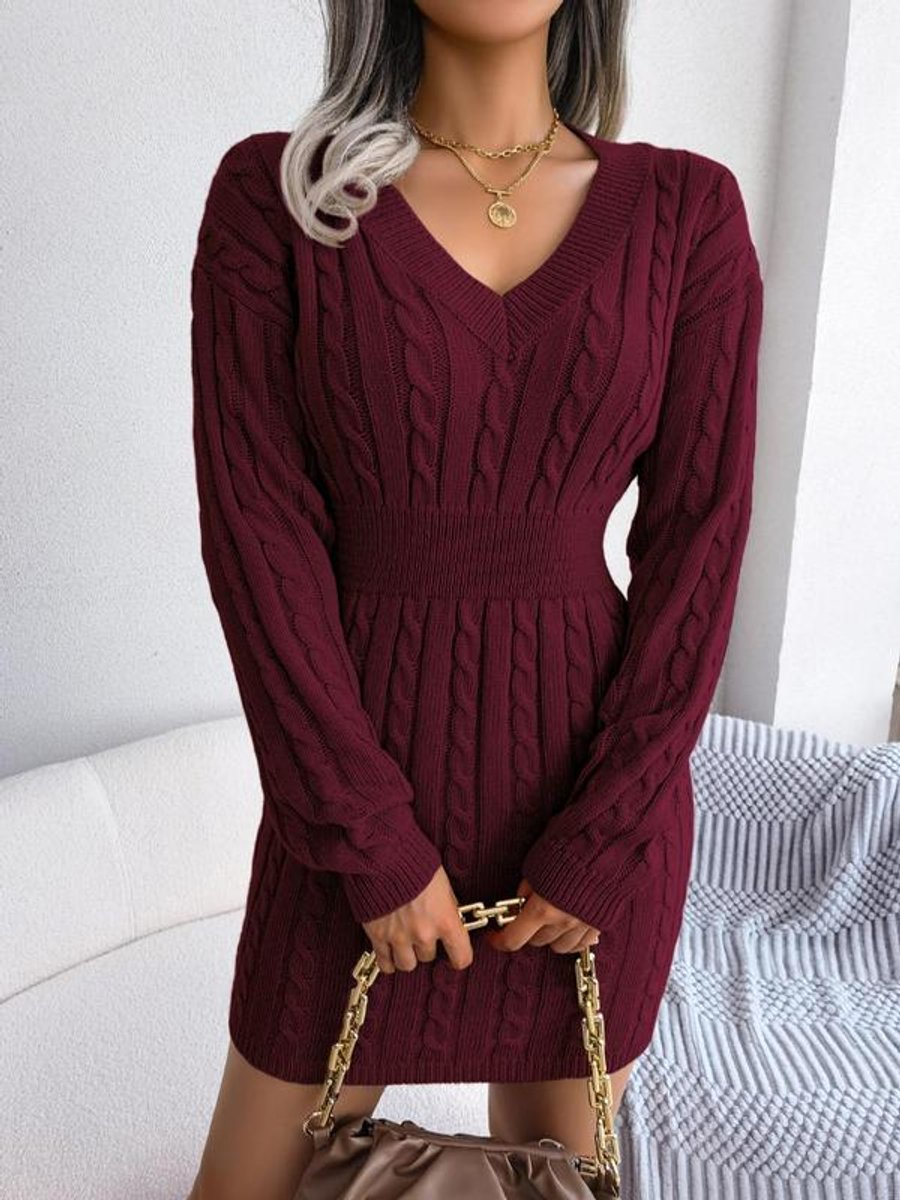 Bianca | Long-Sleeved V-Neck Cable-Knit Dress
