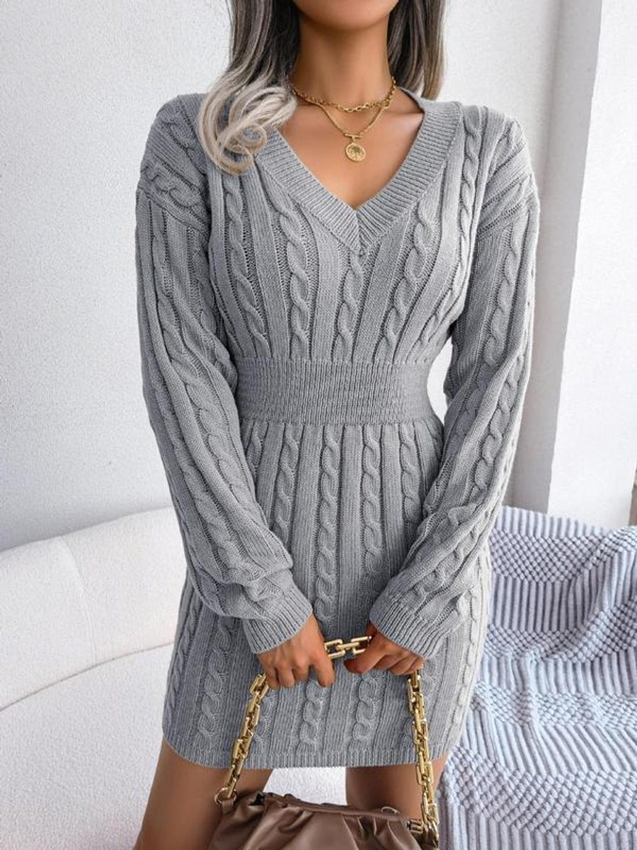 Bianca | Long-Sleeved V-Neck Cable-Knit Dress